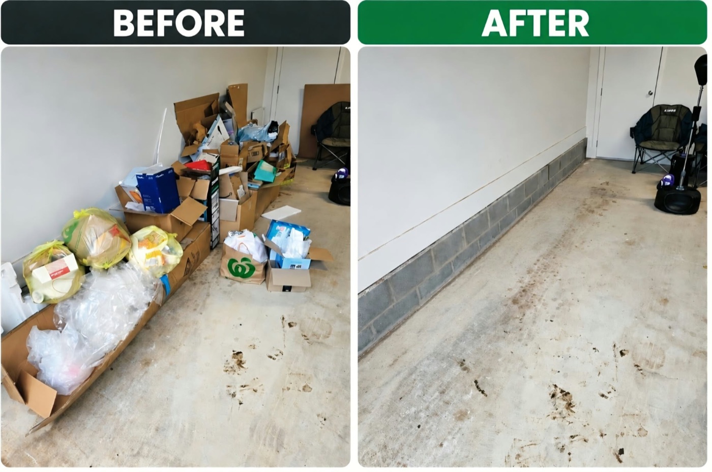 Before and after clearing cardboard boxes, packaging and bagged rubbish from a garage