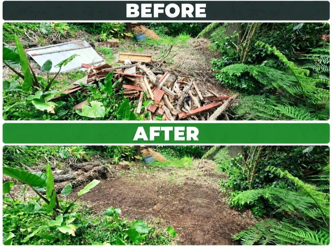 Before and after removing discarded timber and construction debris from a garden