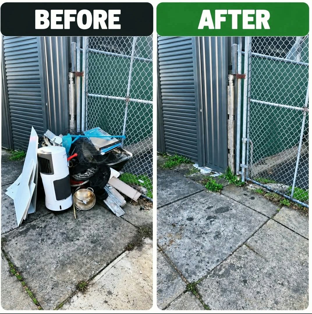 Before and after removing an old appliance, wheels and mixed rubbish beside a shed gate